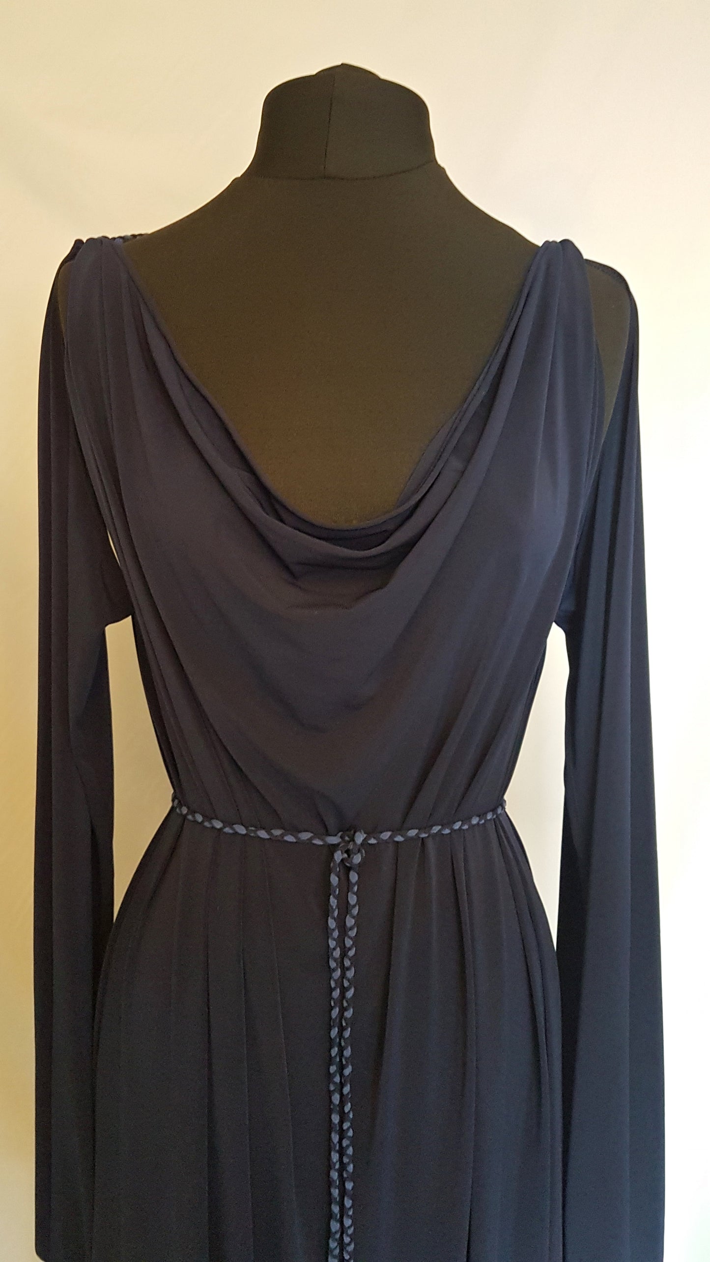 Navy Blue Long Sleeve Grecian Drape Dress