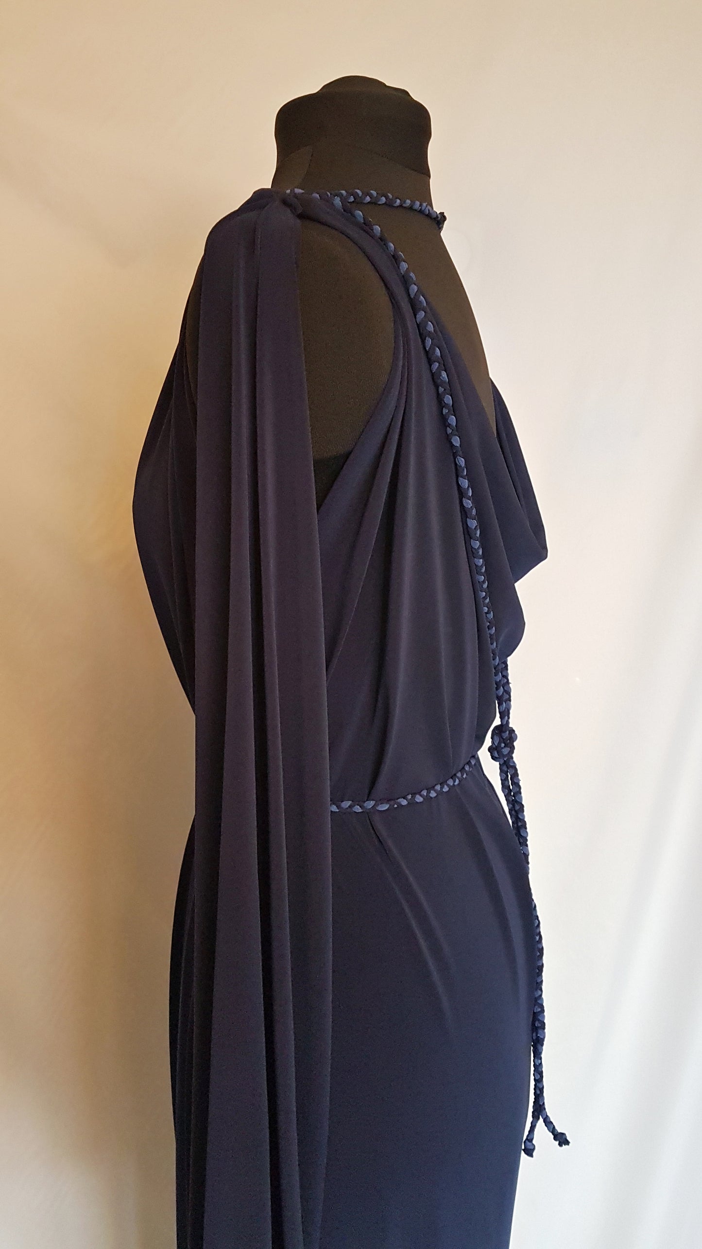 Navy Blue Long Sleeve Grecian Drape Dress