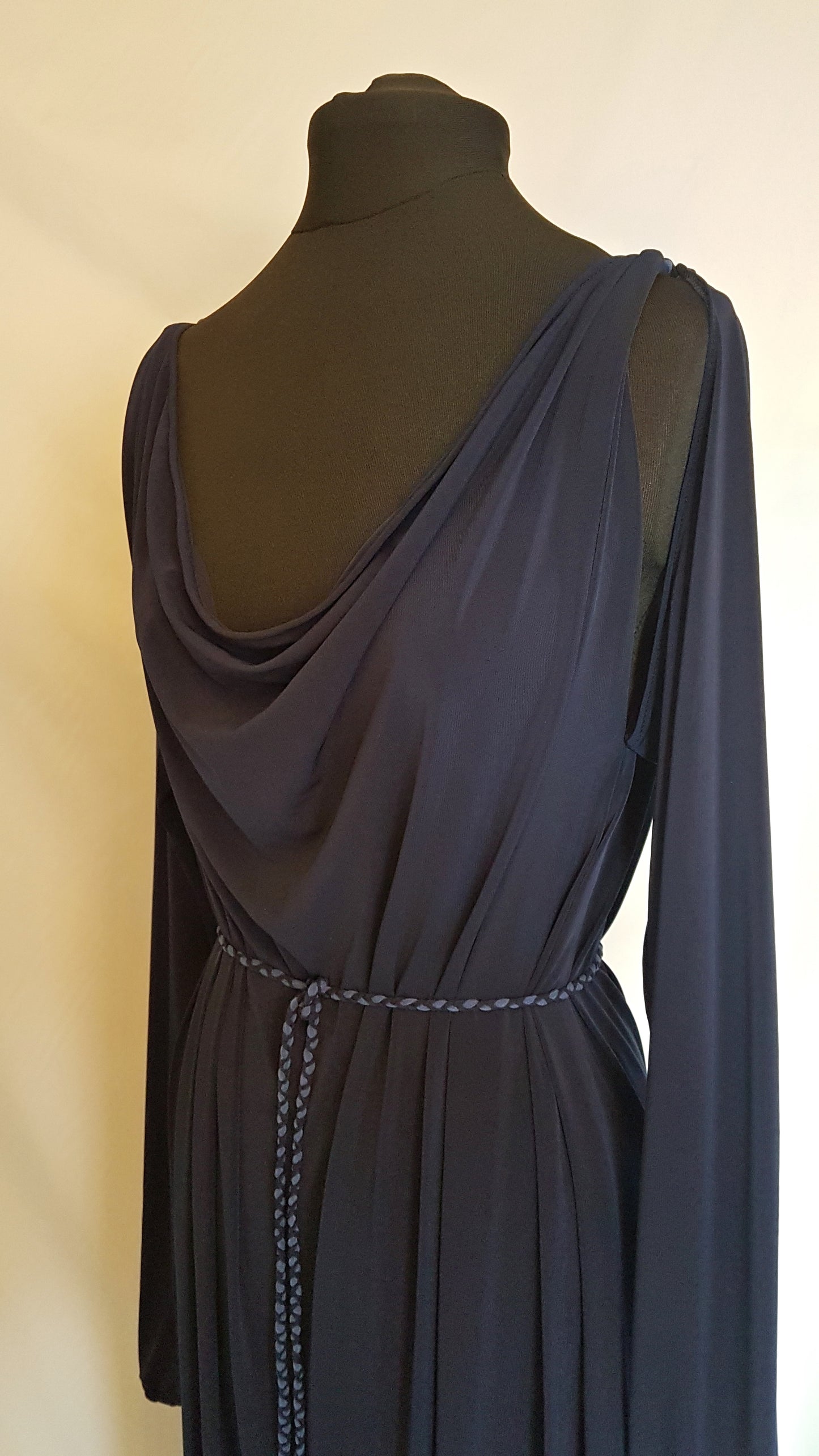 Navy Blue Long Sleeve Grecian Drape Dress