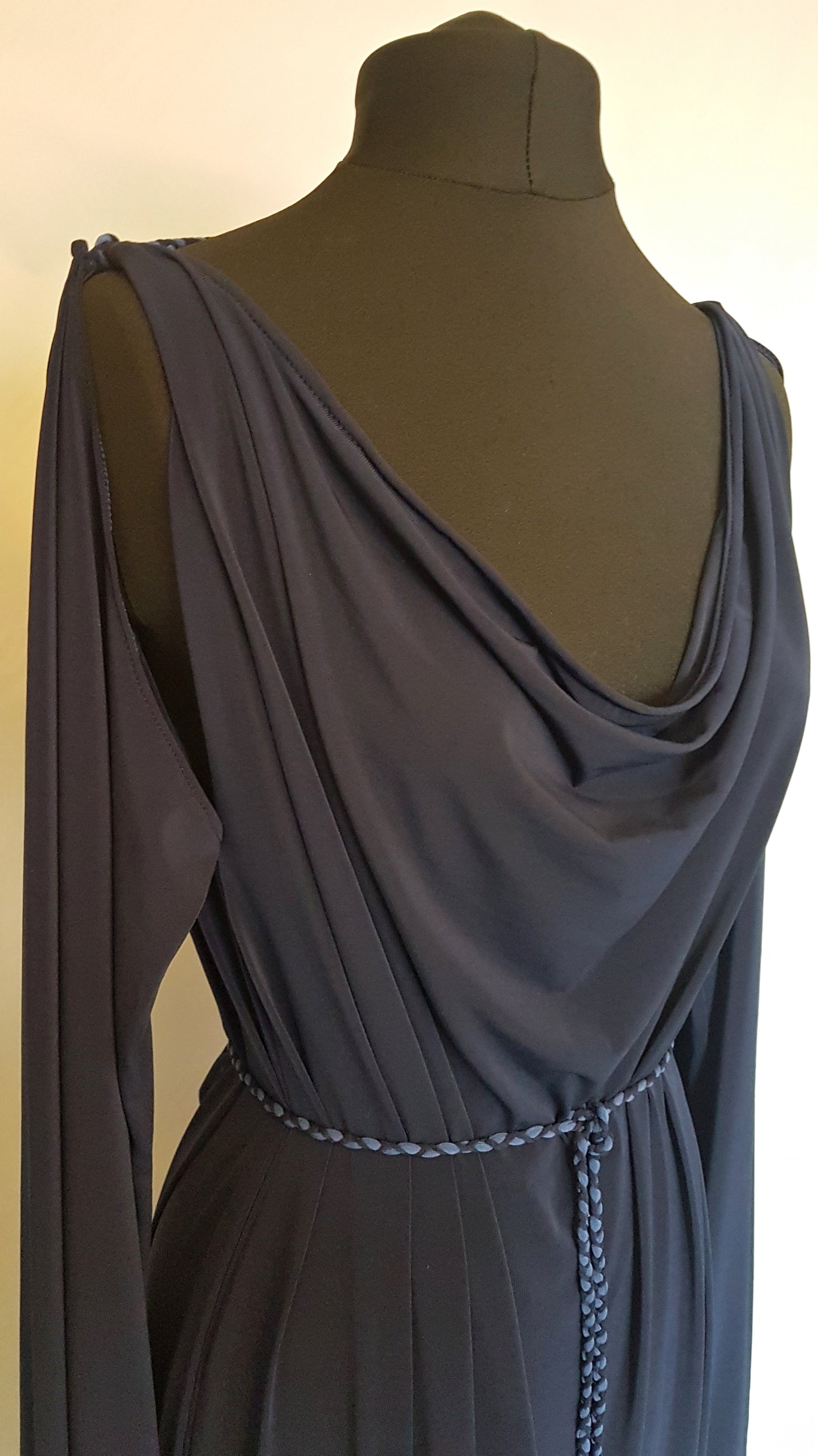 Navy Blue Long Sleeve Grecian Drape Dress