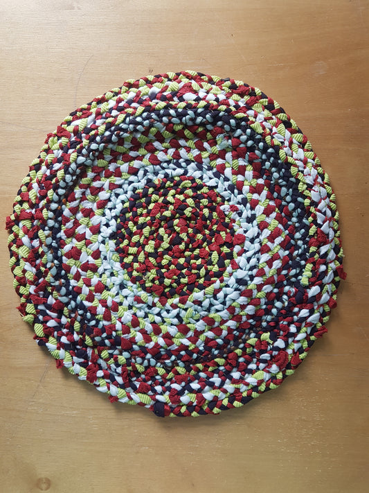 Handmade Braided Coaster Red Green White Multi Coloured