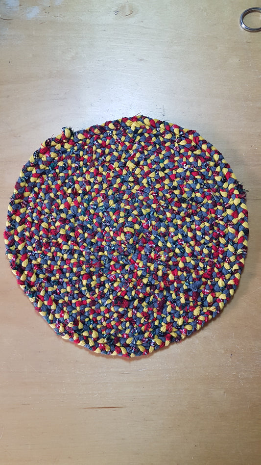 Handmade Braided Coaster Grey Red Yellow Tartan