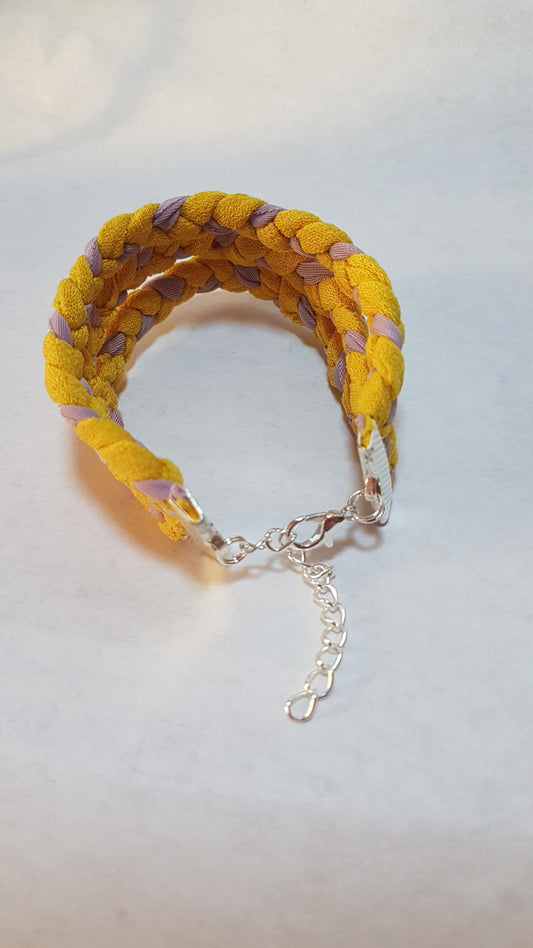 Pink Yellow Braided Three Strand Silver Bracelet