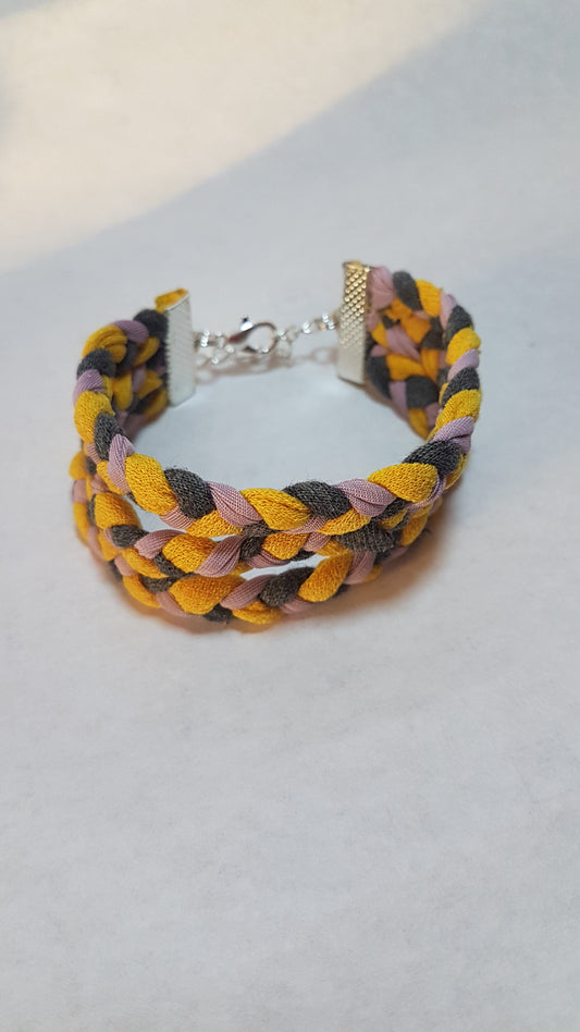 Grey Pink Yellow Braided Three Strand Silver Bracelet