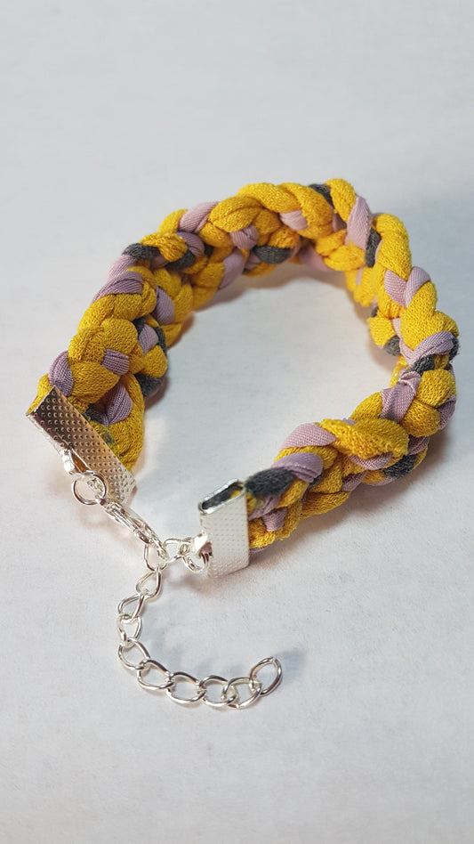 Yellow Pink Grey Braided Three Strand Silver Bracelet