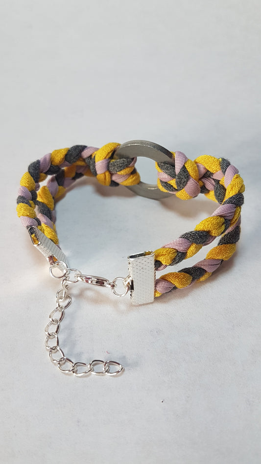 Yellow Pink Grey Braided Two Strand Silver Bracelet