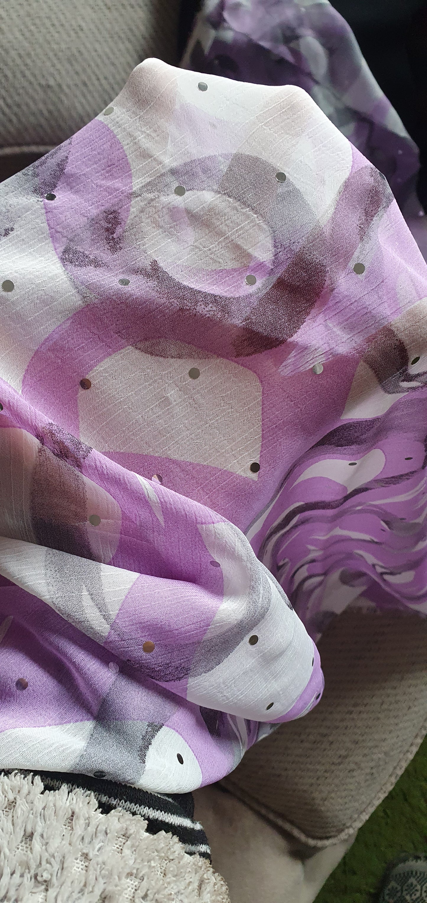 Semi See Through Purple Pattern And Sequin Fabric Remnant