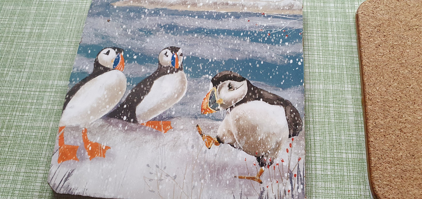 Single Mix And Match Coaster Christmas Snow Puffins Home Decor Gift