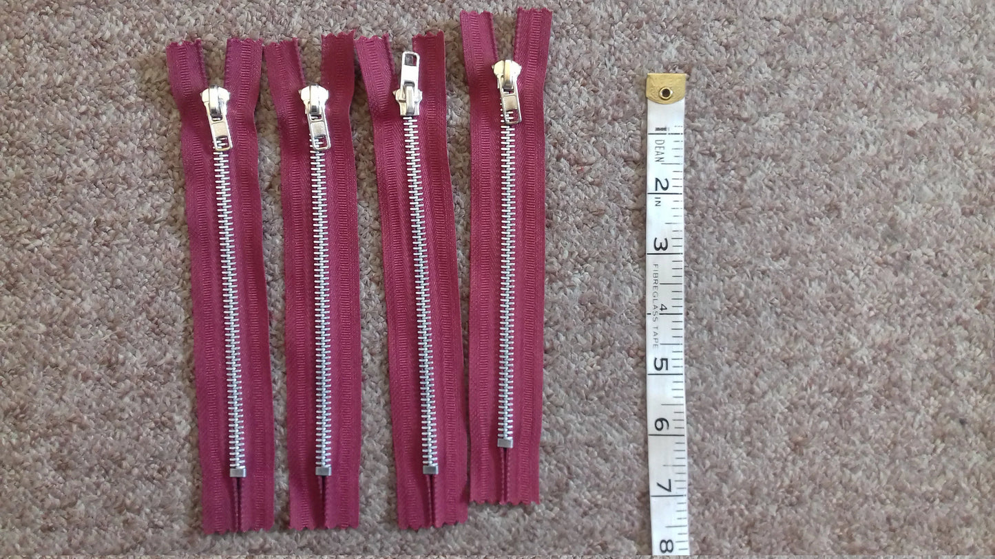 Deep raspberry zip red/burgundy 6 inch chunky heavy silver metal (15cm) closed end Size 5