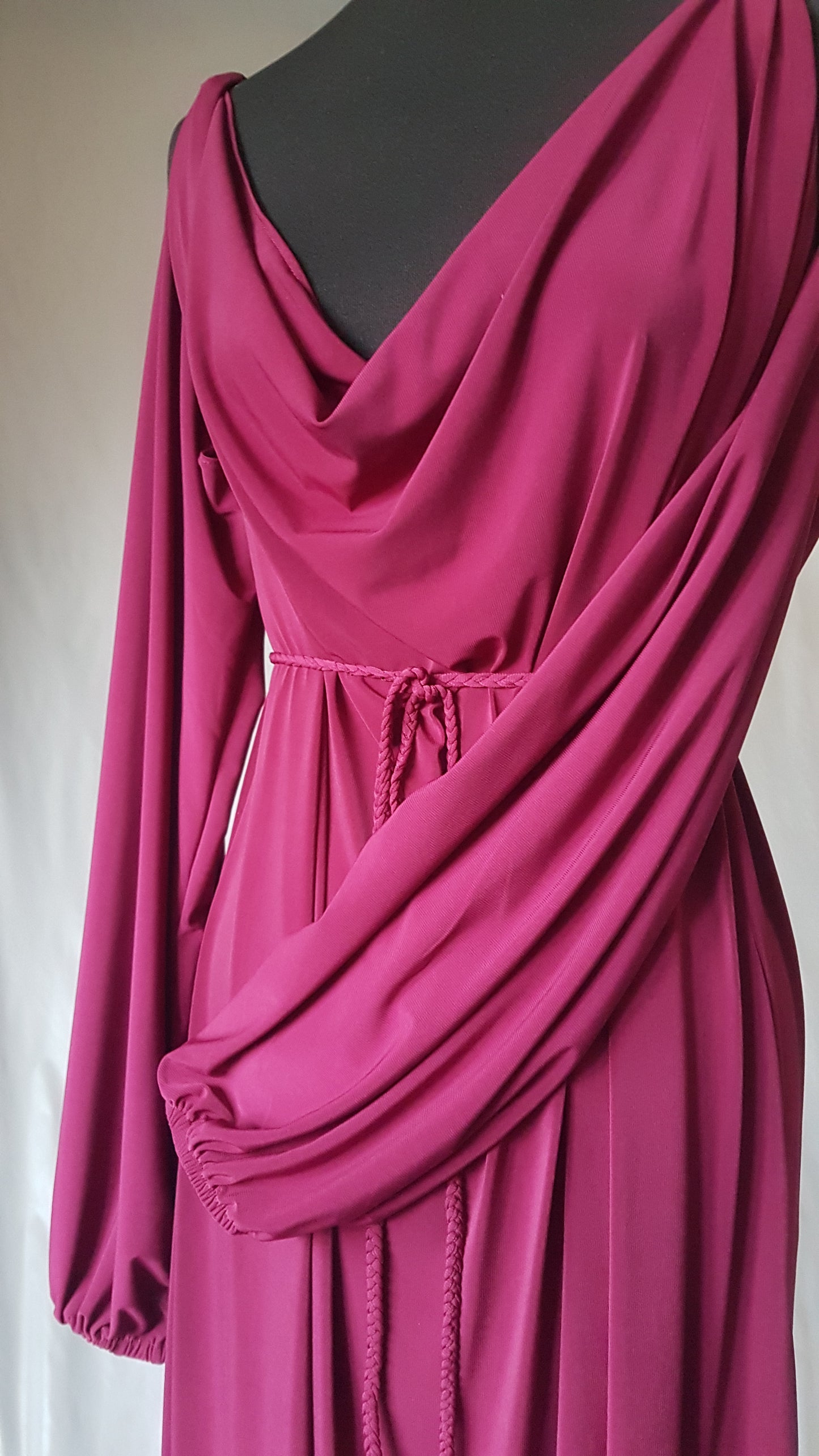 Dark Raspberry Pink Long Sleeve Grecian Drape Dress