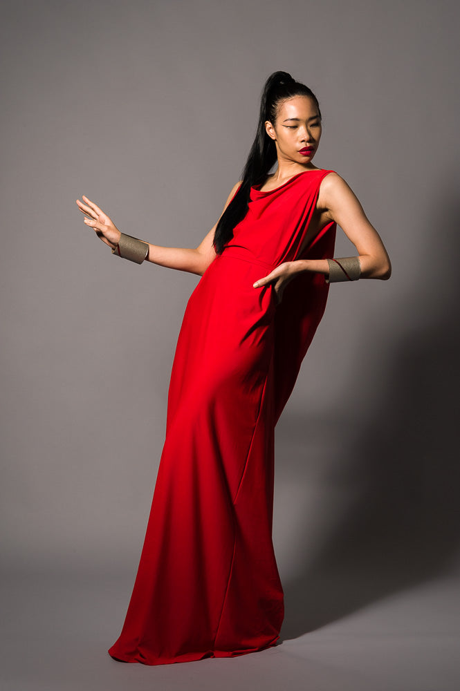 Long Red Grecian Backless Dress