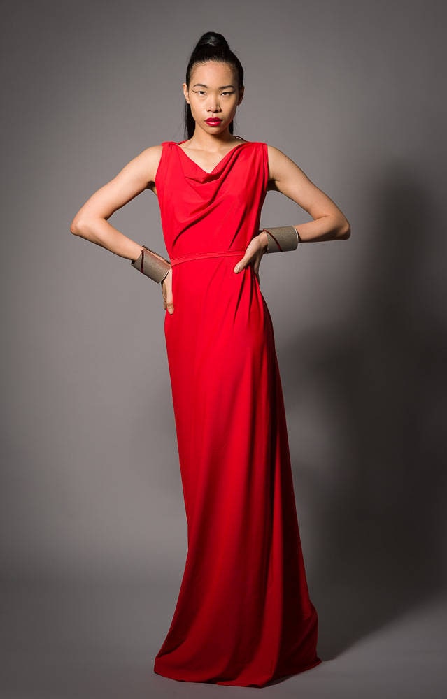 Long Red Grecian Backless Dress
