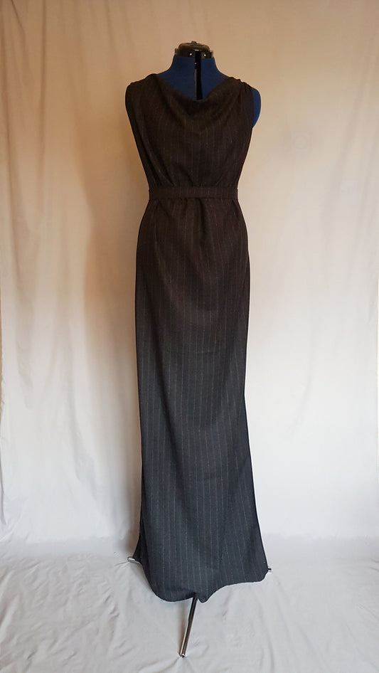 Grey Pinstripe Grecian Drape Backless Dress