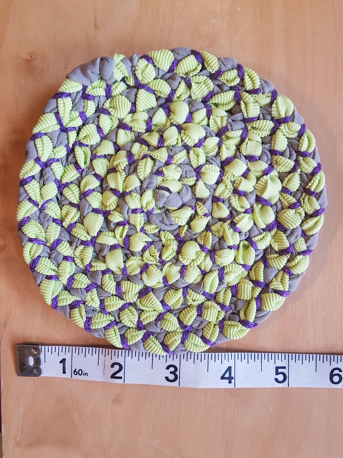 Handmade Coaster Lime Green, Purple, Brown