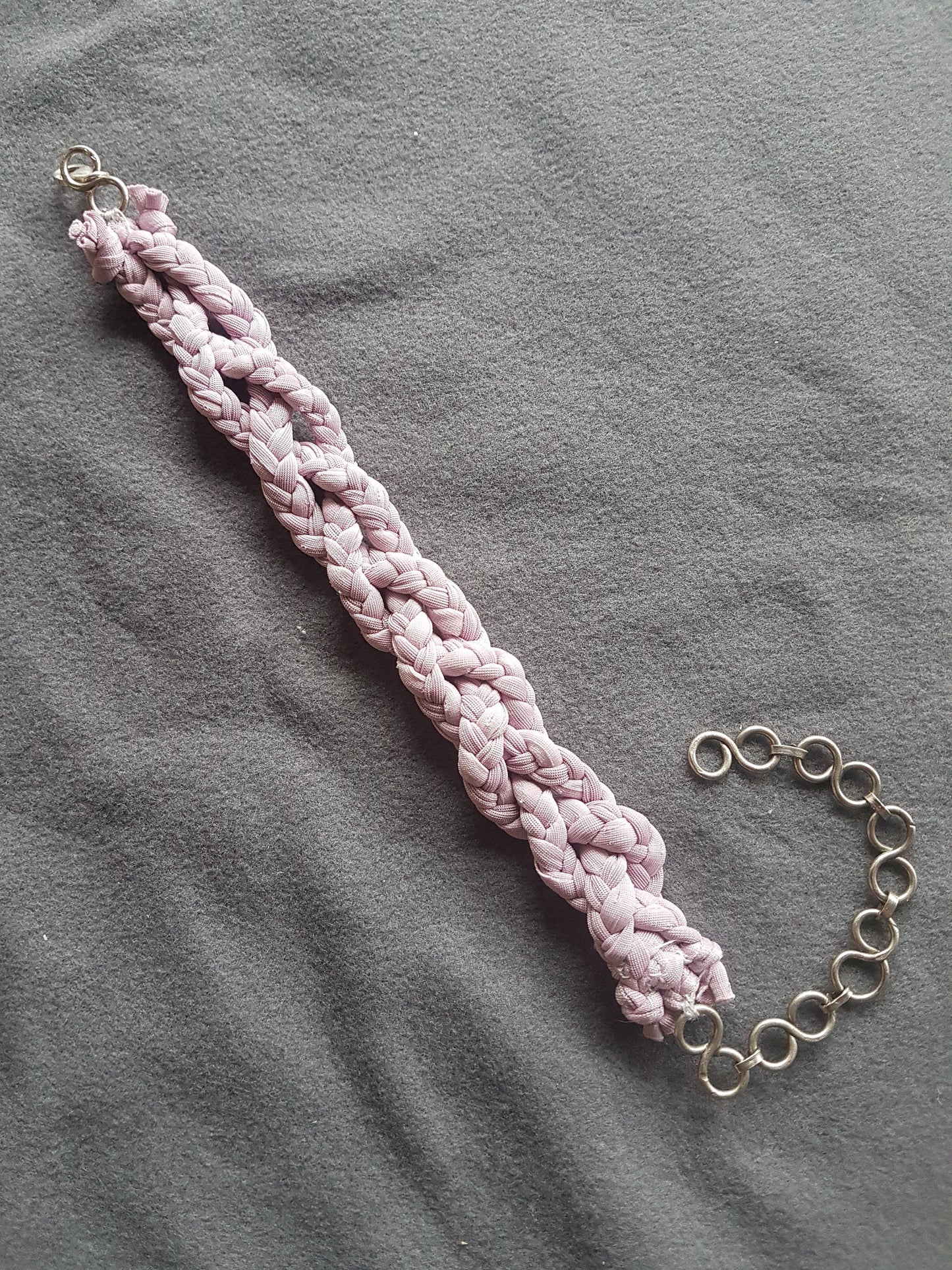 Pink Fabric Braided Silver Bracelet