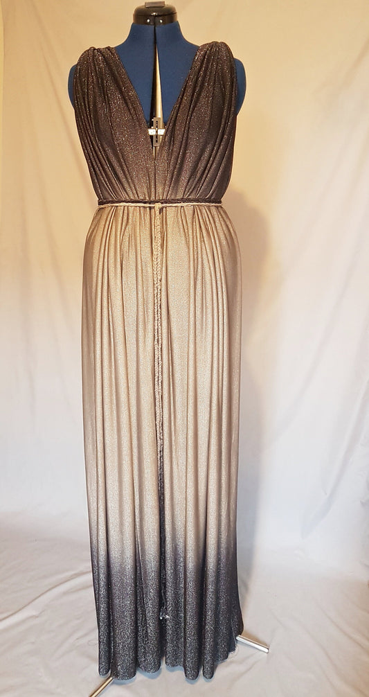 Grey Silver Striped Metallic Grecian Plunge Dress