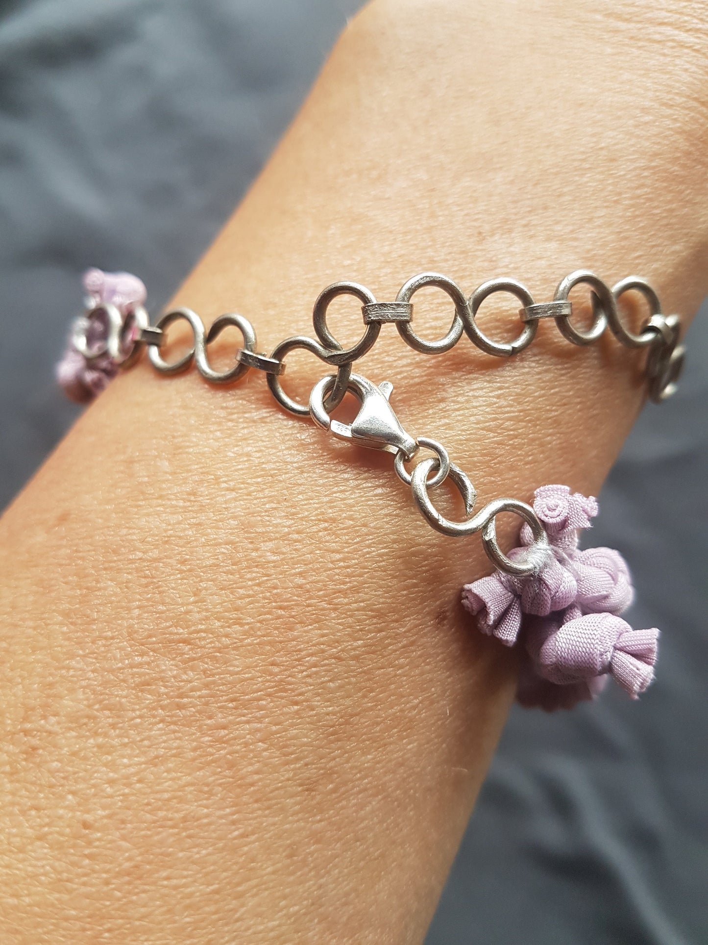 Pink Fabric Braided Silver Bracelet