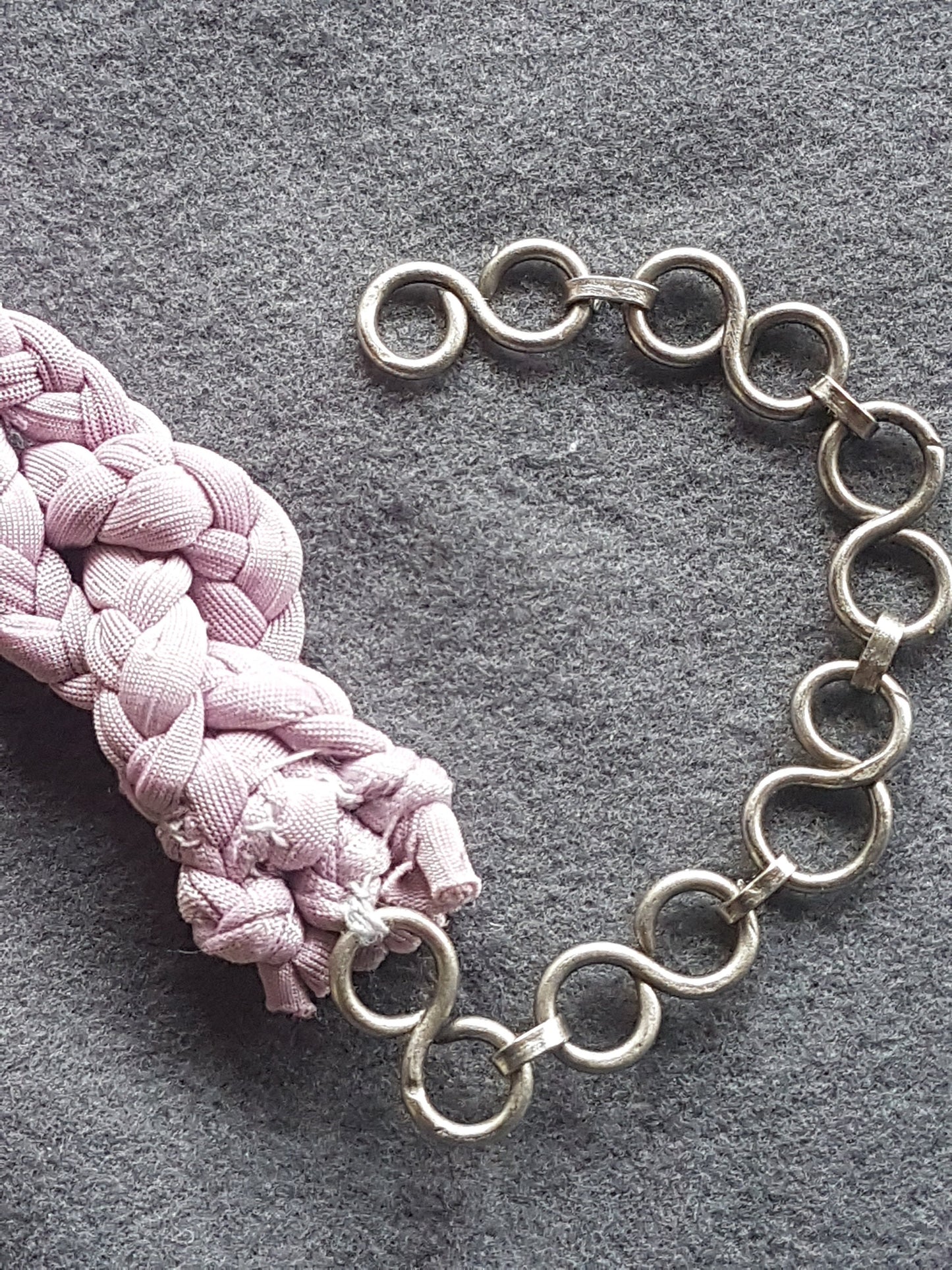 Pink Fabric Braided Silver Bracelet