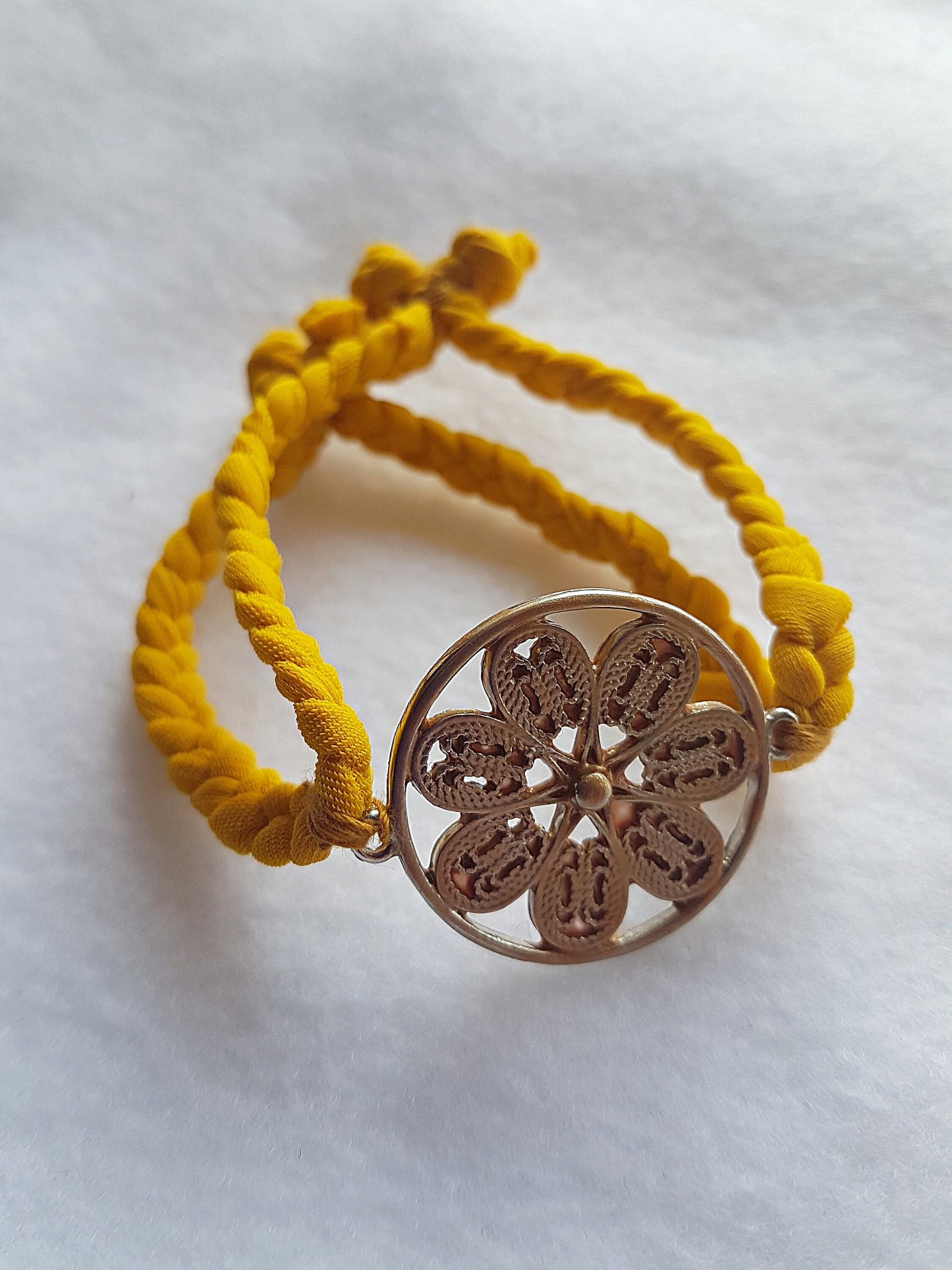 Yellow Silver Floral Braided Bracelet