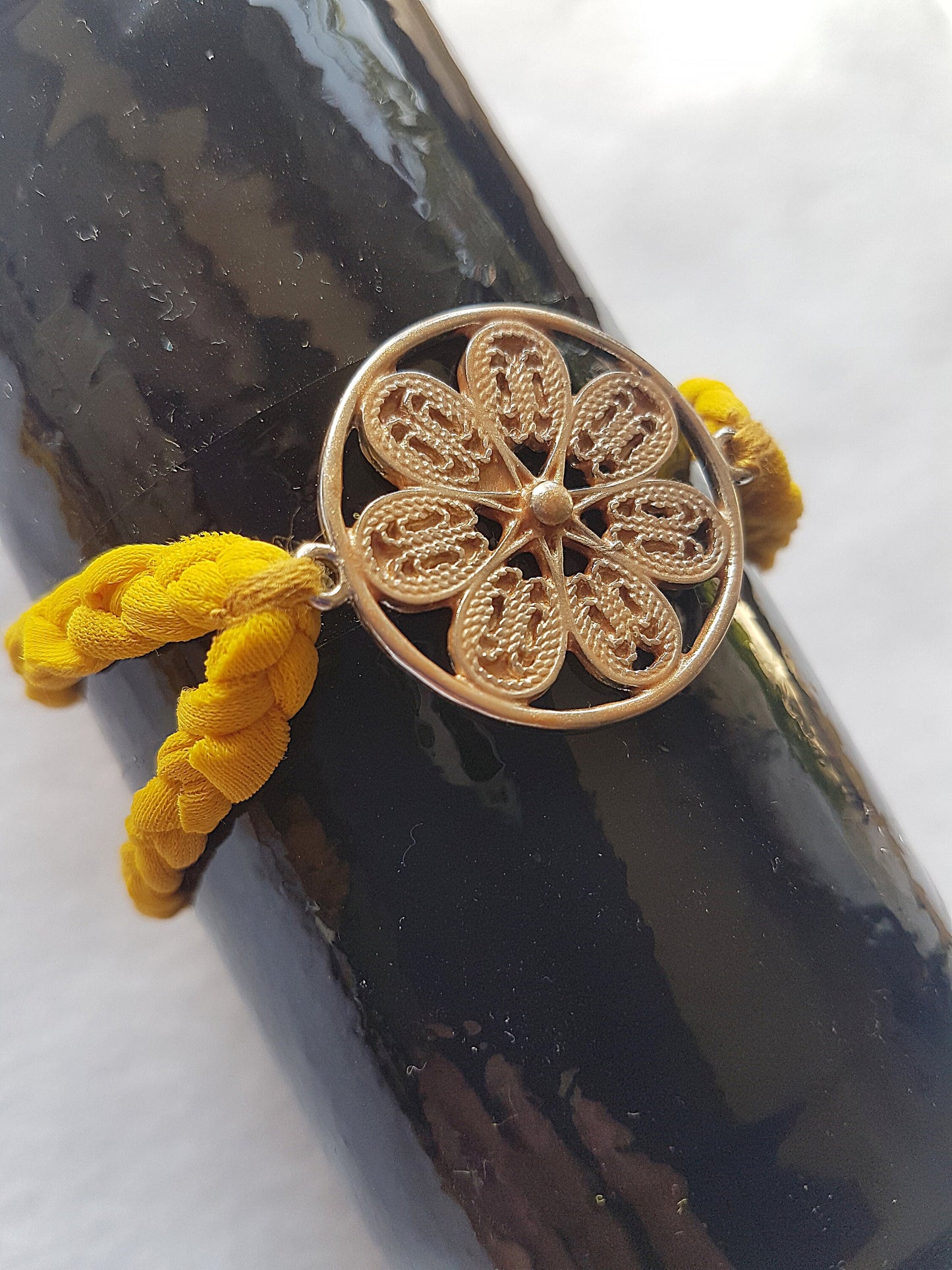 Yellow Silver Floral Braided Bracelet